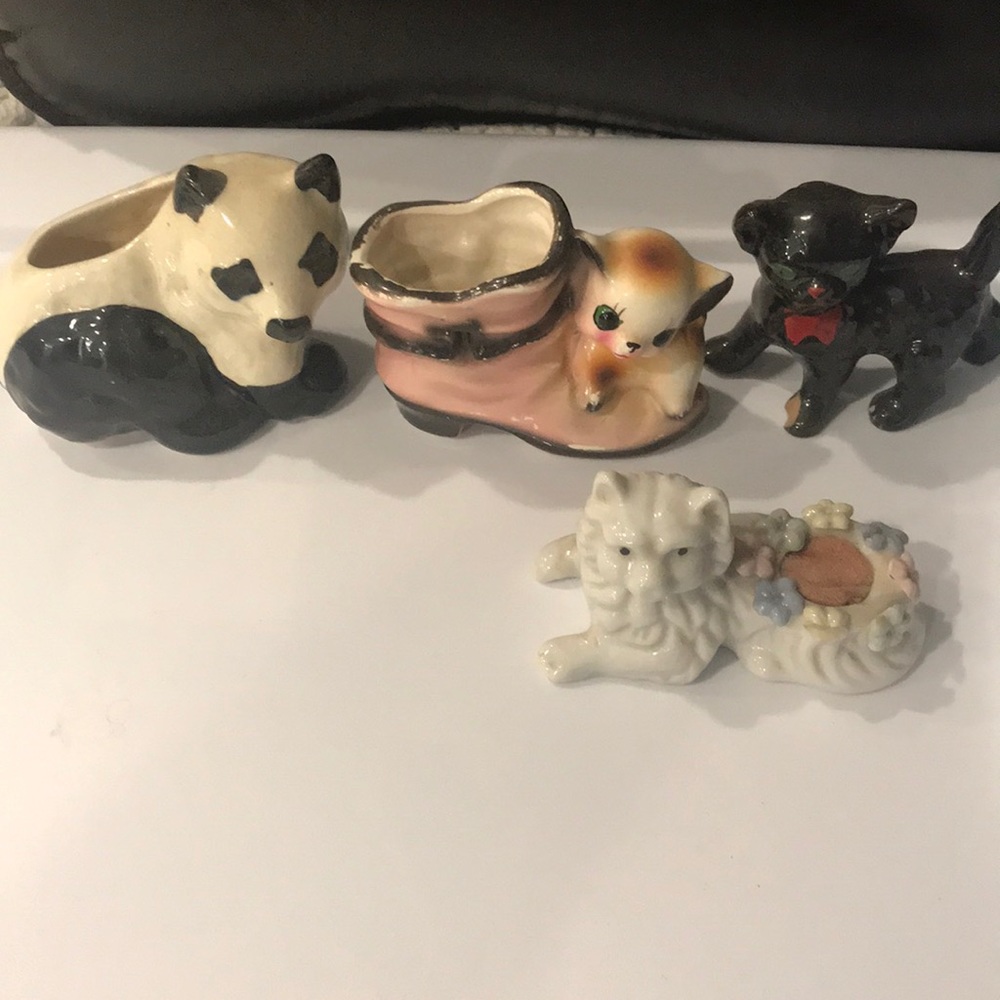 Vintage Cat on boot, panda mini planter 2 cats